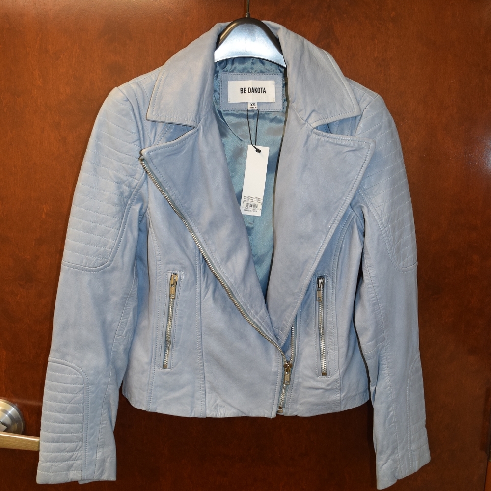 BB Dakota By Steve Madden XS Light Blue Leather Moto Jacket (New with Tags)